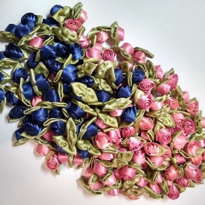 Satin ribbon roses flower 10 pcs, sewing doll clothes, rose applique crafts, wedding hair accessories, rose bud decor, rosebuds with leaves