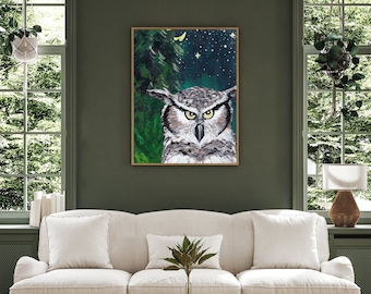 Framed Great Horned Owl Artwork - Bird of Prey Acrylic Painting - Owl Wall Art - Owl Art Print - Birds at Night Original Artwork