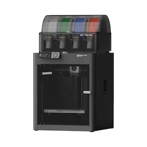 May include: A black 3D printer with a clear door and a filament spool holder on top. The filament spool holder has four spools of filament in different colors: red, blue, green, and white. The printer has a touchscreen display and a label that says "Original Prusa Lab".