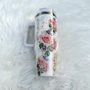 Floral glitter tumbler| 40oz tumbler| tumbler with handle