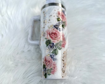 Floral Glitter 40oz Tumbler with Handle | Handmade Stainless Steel