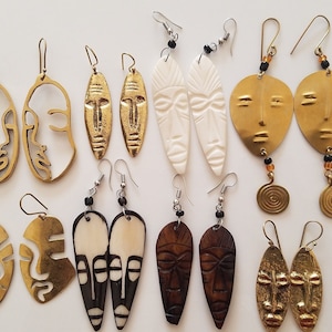 8 Mask Earrings, African earrings, Brass and Bone Earring, Mask Earrings, Face Earrings, Gift Earrings