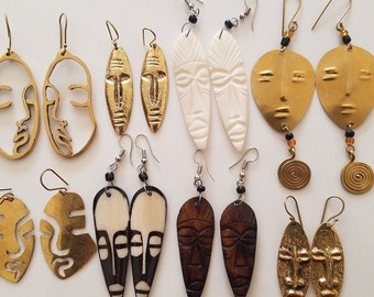 8 Mask Earrings, African earrings, Brass and Bone Earring, Mask Earrings, Face Earrings, Gift Earrings