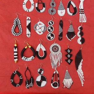24 Pairs Black and White Earrings | Beaded Maasai Earrings | African Earrings || Zulu Earrings