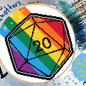 Modern Cross Stitch Pattern Colorful D20 Dice Gay Rainbow Pride Flag PDF Download