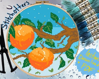 Modern Cross Stitch Pattern Cute Peach Tree with Leaves and Peaches Botanical Fruit Floral PDF Download