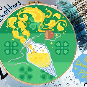 Modern Cross Stitch Pattern Cute Magical Potion Bottle Wizarding Magic Luck Potion with Clovers PDF Download