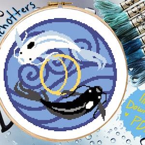 Modern Cross Stitch Pattern Elemental Koi Fish Water Sun Moon Ying Yang PDF Download Cartoon Inspired Geeky Cross Stitch