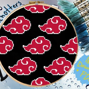 Modern Cross Stitch Pattern Ninja Red and Black Cloud Emblem Cloak PDF Download Geeky Anime Manga Inspired Cross Stitch