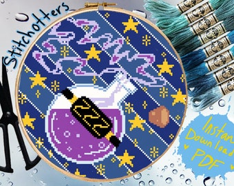 Modern Cross Stitch Pattern Cute Magical Potion Bottle Wizarding Magic Sleep Potion with Stars PDF Download