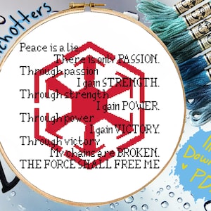 Modern Cross Stitch Pattern Space Galaxy Dark Code Emblem and Text PDF Download Movie Inspired Geeky Cross Stitch