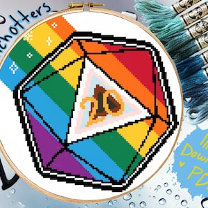 Modern Cross Stitch Pattern Colorful D20 Dice Gay Rainbow Progress Progressive Version Pride Flag PDF Download
