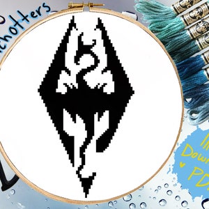 Modern Cross Stitch Pattern Fantasy Medieval Dragon Logo PDF Download Geeky Video Game Inspired Gamer Cross Stitch