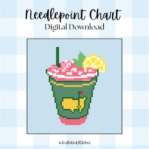 May include: Digital download needlepoint chart featuring a pixelated image of a green cup with a pink drink, lemon slice, and straw. The cup has a yellow logo. Text at the top reads "Needlepoint Chart Digital Download". The image is on a light blue background.