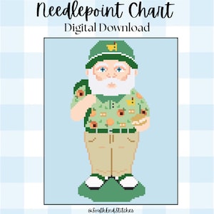 May include: Digital download of a needlepoint chart featuring a pixelated illustration of a man in a golf outfit. He wears a green hat, a patterned shirt, and khaki pants. The text "Needlepoint Chart Digital Download" is at the top.