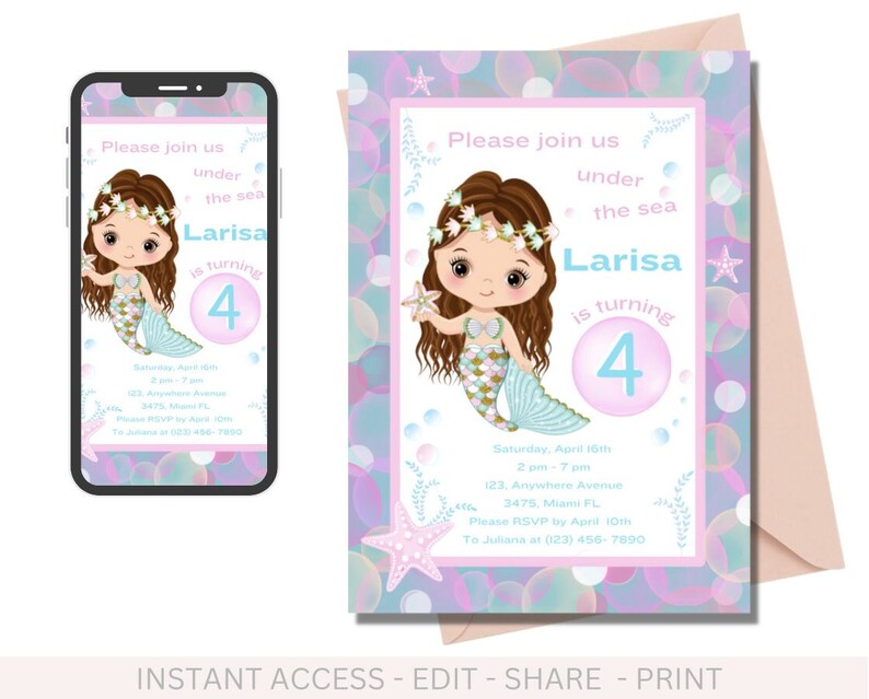 Mermaid Birthday Invitation Printable Invite for Cute Mermaid - Etsy