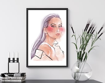 Fashion Wall Art, Fashion Poster, Fashion Girl Portrait, Watercolor Digital Print, Instant Download, Blush Home Decor, Fashion Illustration