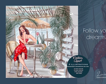 Clipart per ragazza da viaggio, illustrazione di Fashion Girl in café, stampe di moda digitali, arte botanica estiva da parete, arte stampabile, poster di viaggio