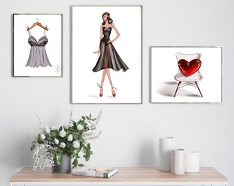 Fashion Wall Art Set, Fashion Poster, Girls Dressing Room, Home Decor, Instant Download, Fashion girl Illustration print, Little Black Dress