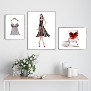 Fashion Wall Art Set, Fashion Poster, Girls Dressing Room, Home Decor, Instant Download, Fashion girl Illustration print, Little Black Dress