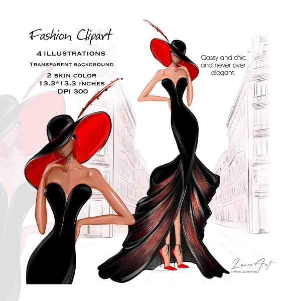 Clipart de fille de mode, Dame en longue robe de soirée noire, Femme élégante en chapeau rouge png, Clipart fille noire, Housse planner, Mode rétro