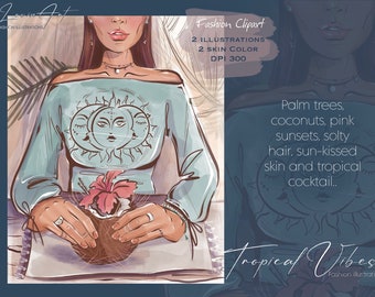 Clipart ragazza estiva, clipart ragazza moda, Ragazza viaggio in bar, Vacanze estive, Bella donna, Donna afroamericana, Download istantaneo