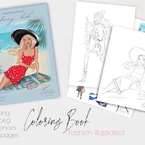 May include: A coloring book with 15 pages featuring fashion illustrations. The cover shows a woman in a red and white polka dot dress, a wide-brimmed hat, and sunglasses, relaxing on a beach.