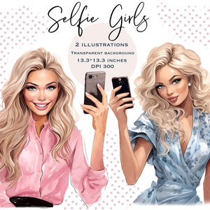 Selfie Girl Clipart, Fashion Blogger Clipart, Sublimation Design Png, Girly Planner Cover, Stickers, Girl With Phone, Fashion Illustration
