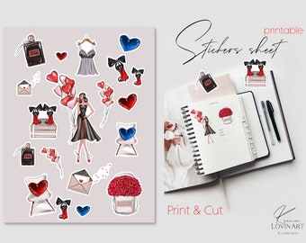 Planner Stickers, Fashion girl Printable stickers, Planner Girl, Valentines Sticker Sheet, Digital Stickers, Goodnotes Stickers Pack png pdf