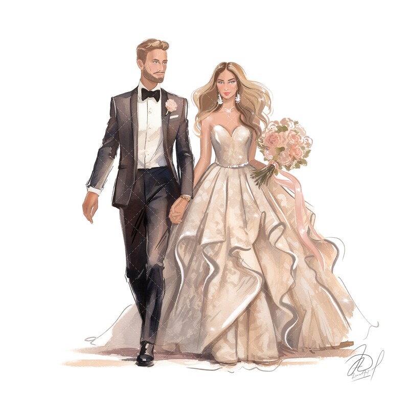 May include: Watercolor illustration of a couple on their wedding day. The man wears a dark gray tuxedo with a black bow tie and a pink boutonniere. The woman wears a strapless ivory wedding gown and holds a bouquet of pink roses.