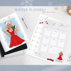 May include: A winter planner with a red and white illustration of a woman wearing a Santa hat and a red dress. The planner has a weekly layout with space for notes. The text "Winter Planner" is at the top of the page.