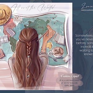 Fashion Girl Clipart, Reise Clipart, Sommer Urlaub Clipart, African American, Planner Girl, Sofortiger Download, Fashion Illustration
