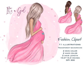Its a Girl Clipart, Pregnancy clipart, Mom to Be Clipart, Mother Clipart, Nursery Clipart, Pregnant Woman, Black girl, Baby Shower, New Born