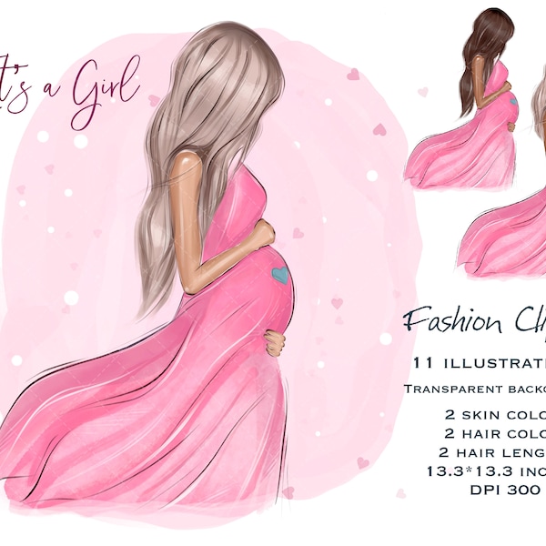 Its a Girl Clipart, Pregnancy clipart, Mom to Be Clipart, Mother Clipart, Nursery Clipart, Pregnant Woman, Black girl, Baby Shower, New Born