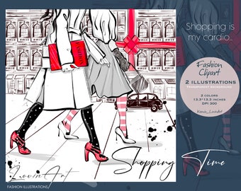 Fashion illustration, Girls shopping, Fashion clipart, Street style, Instant download, Fashion wall art,  Printable art