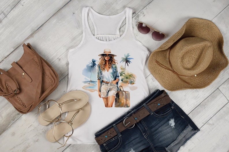 May include: White tank top featuring a graphic print of a woman in a straw hat and sunglasses standing on a beach with palm trees and a suitcase. The tank top is paired with denim shorts, a brown belt with turquoise stones, a brown leather bag, a straw cowboy hat, and gold sandals.