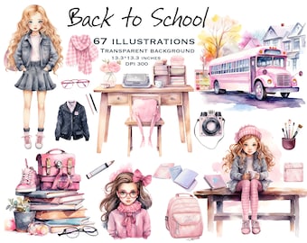 Watercolor School Clipart, Back To School Clipart, Study Girl Clipart, Fashion Clipart, Pink School Supplies, Planner Stickers png, Digital