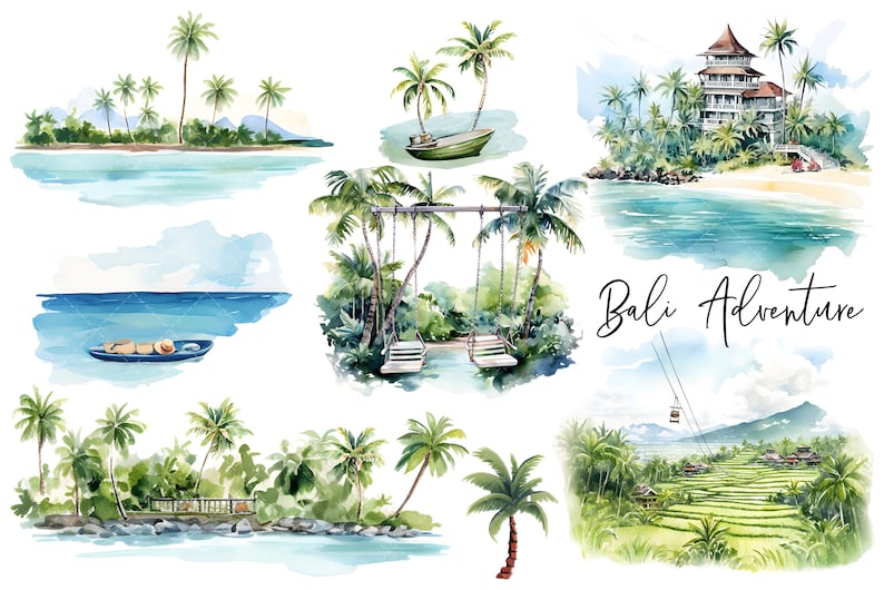 May include: Watercolour illustrations of various scenes from Bali, including palm trees, beaches, boats, a swing set, a traditional Balinese house, rice paddies, and a cable car. The text "Bali Adventure" is written in cursive.
