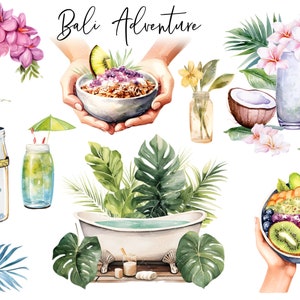 May include: Watercolour illustration of a Bali adventure with a variety of tropical elements, including a pink flower garland, a bowl of acai, a coconut, a glass of coconut water, a bathtub with tropical plants, and a bowl of fruit. The text "Bali Adventure" is written in black cursive.