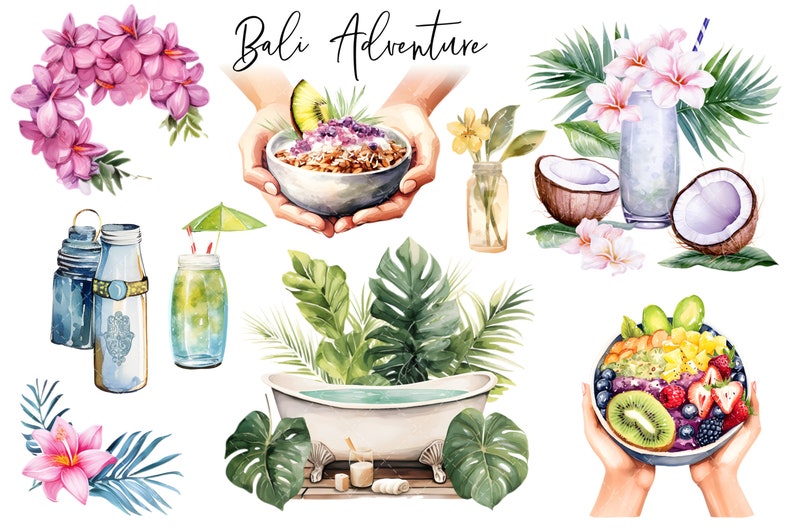May include: Watercolour illustration of a Bali adventure with a variety of tropical elements, including a pink flower garland, a bowl of acai, a coconut, a glass of coconut water, a bathtub with tropical plants, and a bowl of fruit. The text "Bali Adventure" is written in black cursive.