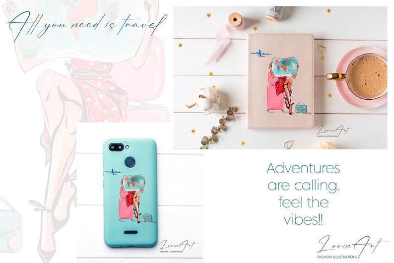 Pu&ograve; includere: Una custodia per telefono blu chiaro con una grafica di una donna seduta su una valigia che tiene una mappa del mondo. Il testo "All you need is travel" &egrave; nella parte superiore dell'immagine. Il testo "Lovin Art" &egrave; nella parte inferiore dell'immagine.