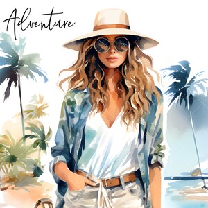 May include: A watercolour illustration of a woman wearing a white hat, sunglasses, a blue and green patterned shirt, white shirt, and white trousers. She is standing in front of palm trees and a beach.