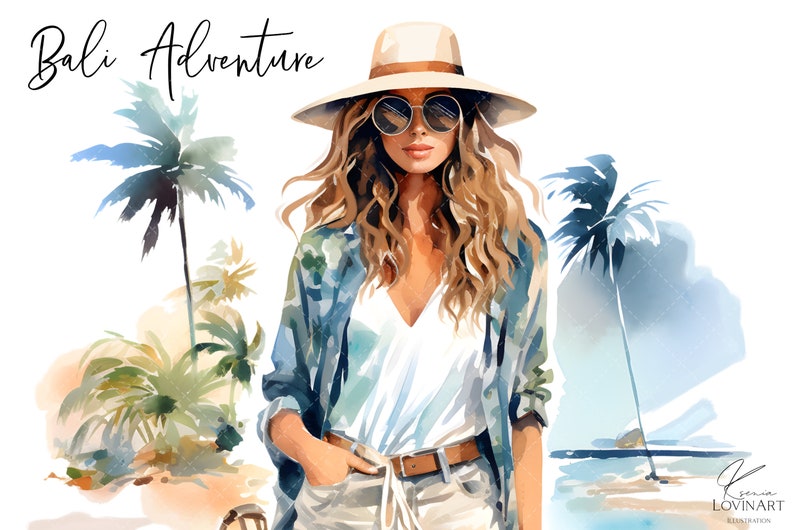 May include: A watercolour illustration of a woman wearing a white hat, sunglasses, a blue and green patterned shirt, white shirt, and white trousers. She is standing in front of palm trees and a beach.