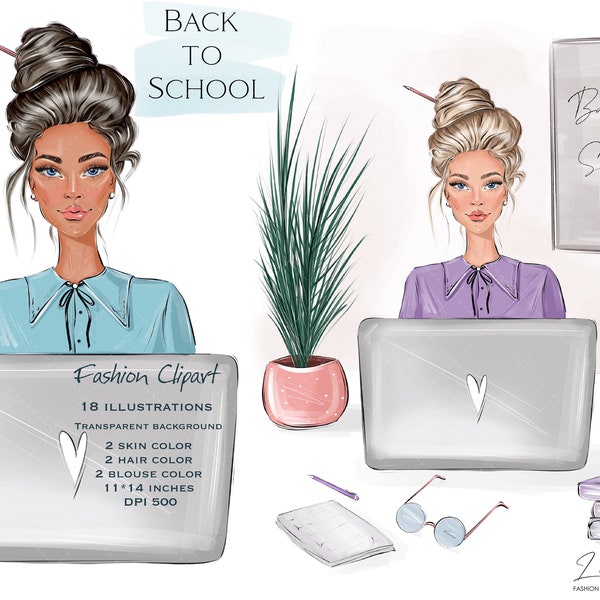 Back to School Clipart, Teacher Clipart, Girl and Laptop, Lady Boss, Fashion girl clipart, Black girl, Planner cover, Student Study, Office