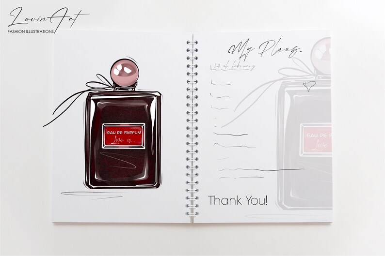 May include: A white notebook with a spiral binding. The left page features a hand-drawn illustration of a dark red perfume bottle with a pink cap and a red label that says "EAU DE PARFUM Love is..." The right page has the text "My Plans" and "Thank You!" written in black ink.