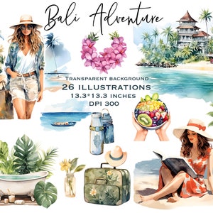 May include: A watercolour illustration set featuring 26 images of a tropical holiday in Bali. The set includes a woman in a white shirt and denim shorts, a woman in a red dress reading a book, a bowl of fruit, a suitcase, a bottle of water, a bathtub, a palm tree, and a tropical house. The illustrations are on a transparent background and are 13.3 inches by 13.3 inches at 300 DPI.