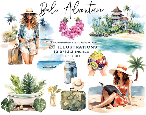 Watercolor Bali Clipart, Tropical Island Clipart, Fashion Girl Clipart, Beach illustration, Travel Print, Summer Vacation, Planner Stickers