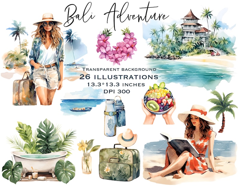 May include: A watercolour illustration set featuring 26 images of a tropical holiday in Bali. The set includes a woman in a white shirt and denim shorts, a woman in a red dress reading a book, a bowl of fruit, a suitcase, a bottle of water, a bathtub, a palm tree, and a tropical house. The illustrations are on a transparent background and are 13.3 inches by 13.3 inches at 300 DPI.