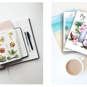 May include: A watercolour illustration of a tropical drink with coconuts and flowers. The illustration is on a white card with the text "My Summer" in black lettering. The card is on top of a stack of other cards with beach scenes. A cup of coffee is in the bottom right corner of the image.