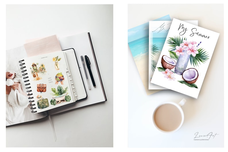 May include: A watercolour illustration of a tropical drink with coconuts and flowers. The illustration is on a white card with the text "My Summer" in black lettering. The card is on top of a stack of other cards with beach scenes. A cup of coffee is in the bottom right corner of the image.